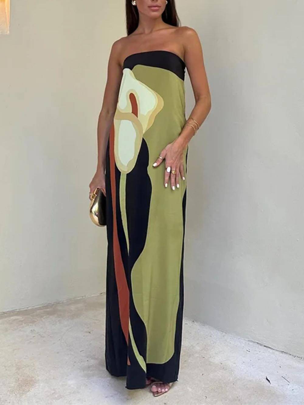 Robe maxi imprimée sans manches à épaules dénudées et contraste tendance