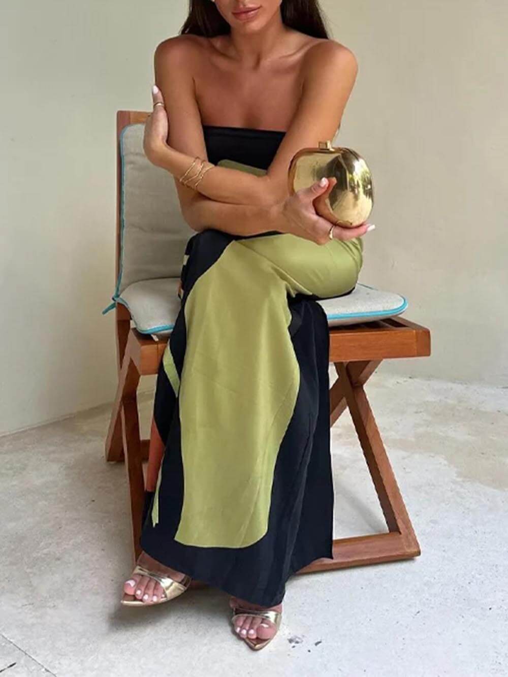 Robe maxi imprimée sans manches à épaules dénudées et contraste tendance