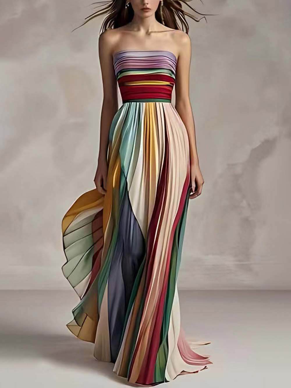 Robe longue bandeau plissée à rayures imprimées élégantes, épaules dénudées