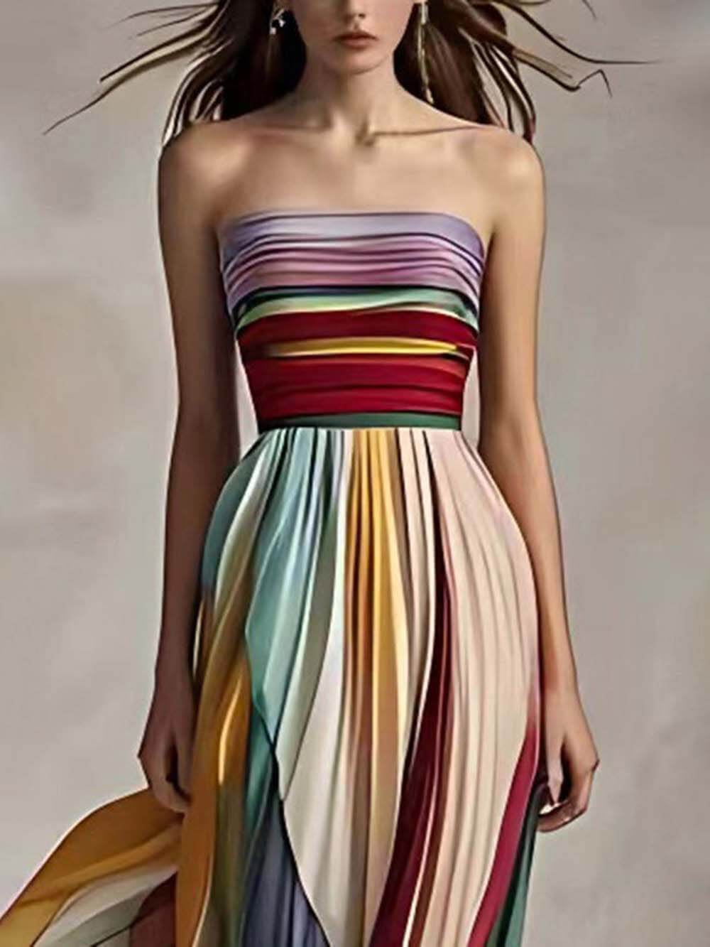 Robe longue bandeau plissée à rayures imprimées élégantes, épaules dénudées