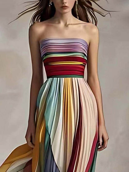 Robe longue bandeau plissée à rayures imprimées élégantes, épaules dénudées