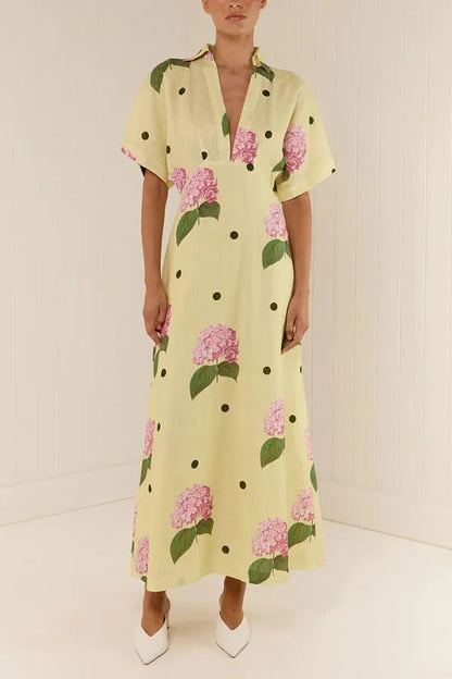 Robe chemise maxi à manches larges en lin mélangé Jasmine à pois fleuris