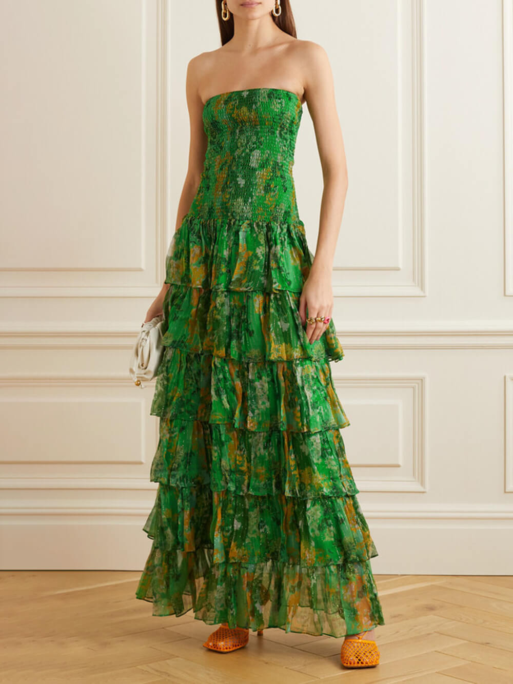 Robe longue bustier à volants et imprimé floral
