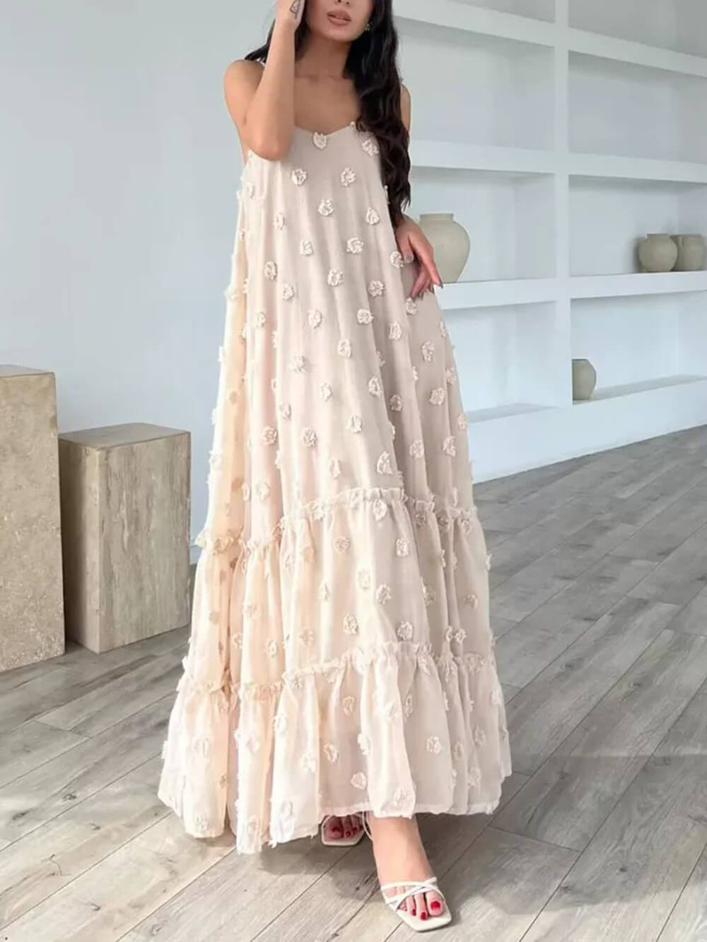Robe maxi ample à volants et à motifs floraux