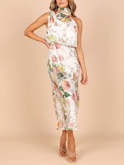 Robe longue dos nu à fleurs et taille élastique