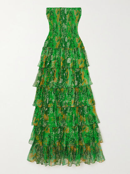 Robe longue bustier à volants et imprimé floral