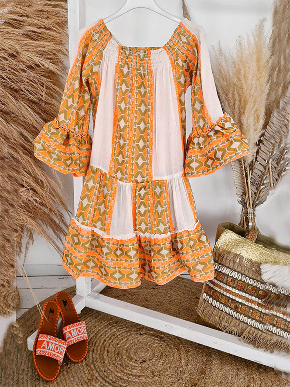 Robe mini ample en lin mélangé à imprimé ethnique, épaules dénudées