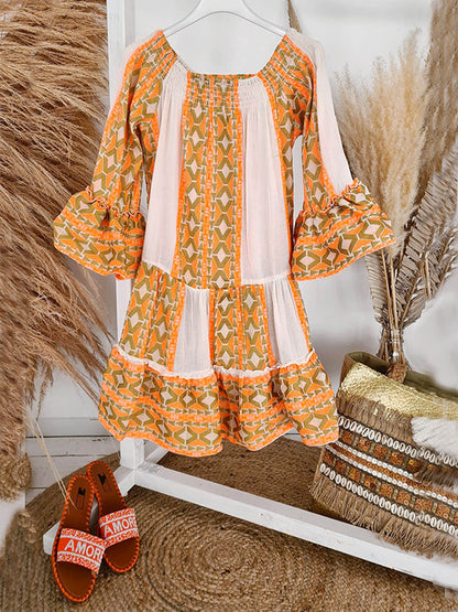Robe mini ample en lin mélangé à imprimé ethnique, épaules dénudées