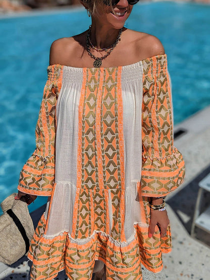 Robe mini ample en lin mélangé à imprimé ethnique, épaules dénudées