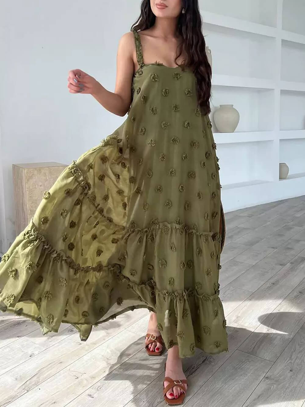 Robe maxi ample à volants et à motifs floraux