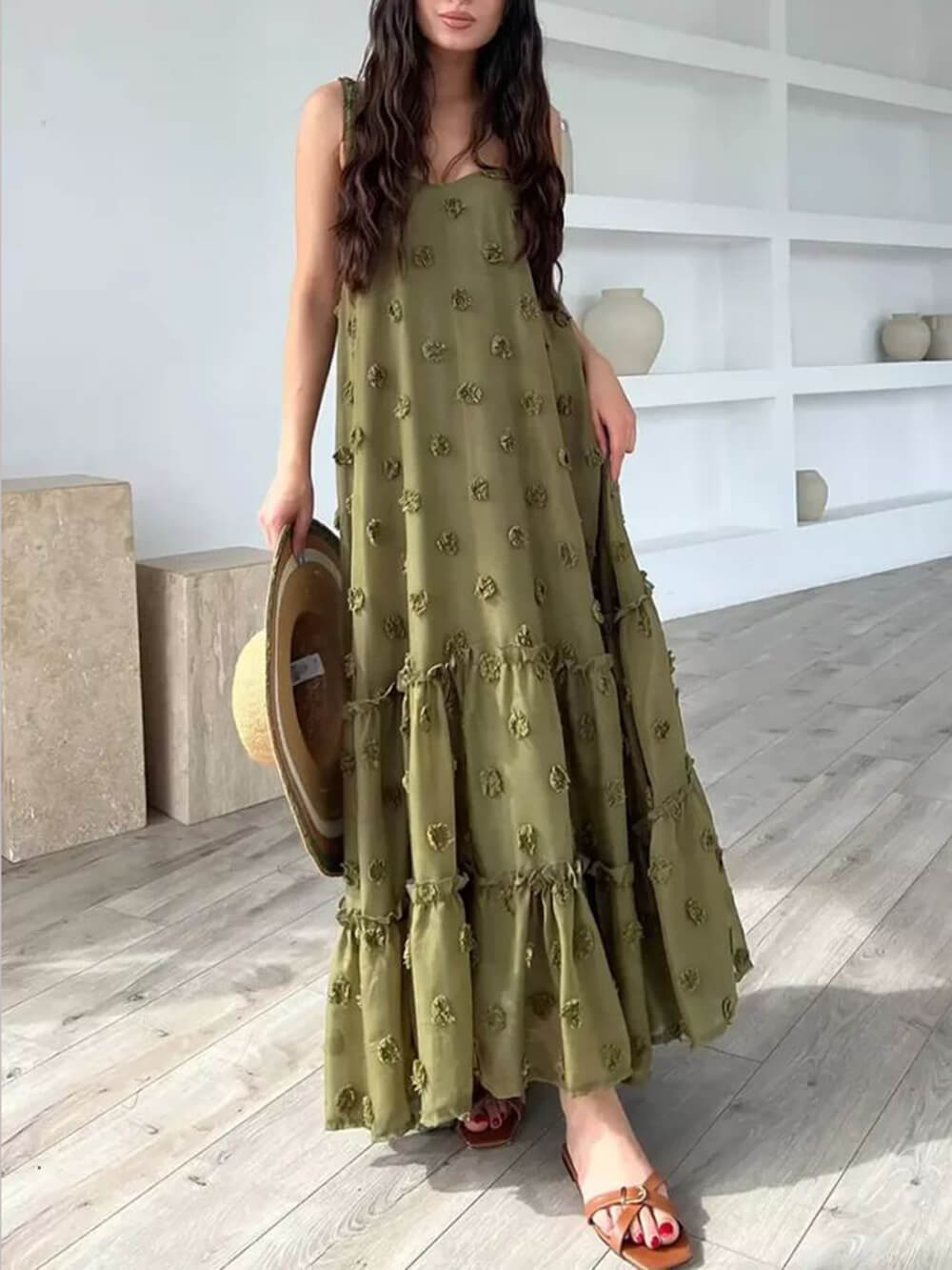 Robe maxi ample à volants et à motifs floraux