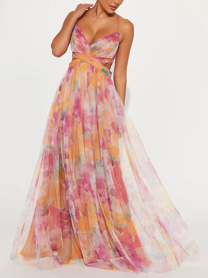 Robe longue élégante à imprimé floral peint et col en V, coupe trapèze