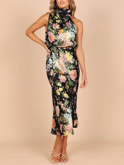 Robe longue dos nu à fleurs et taille élastique