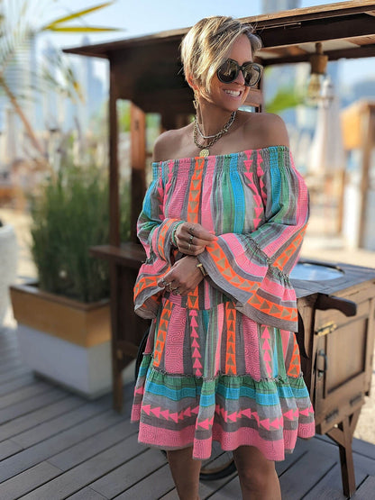 Robe mini ample en lin mélangé à imprimé ethnique, épaules dénudées
