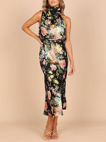 Robe longue dos nu à fleurs et taille élastique
