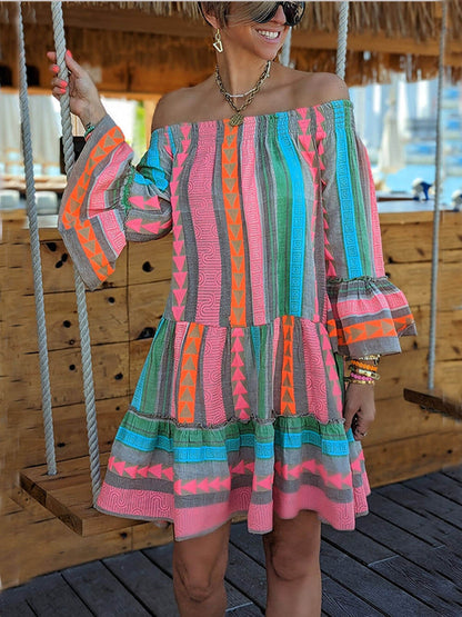 Robe mini ample en lin mélangé à imprimé ethnique, épaules dénudées