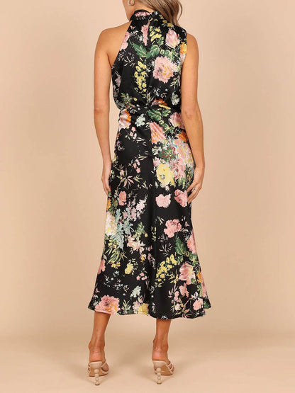 Robe longue dos nu à fleurs et taille élastique