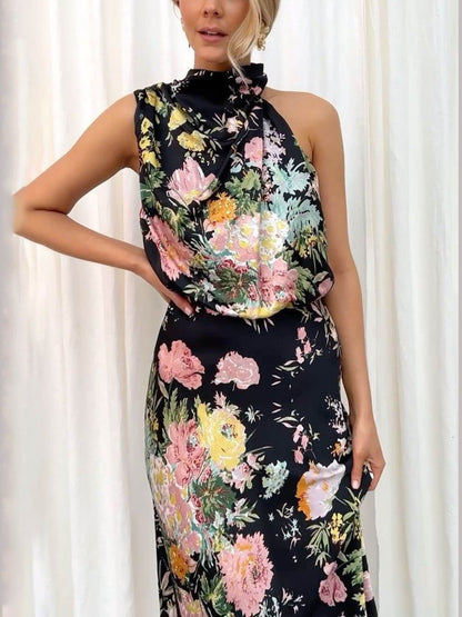 Robe longue dos nu à fleurs et taille élastique