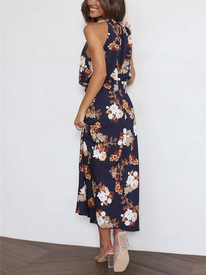 Robe longue dos nu à fleurs et taille élastique