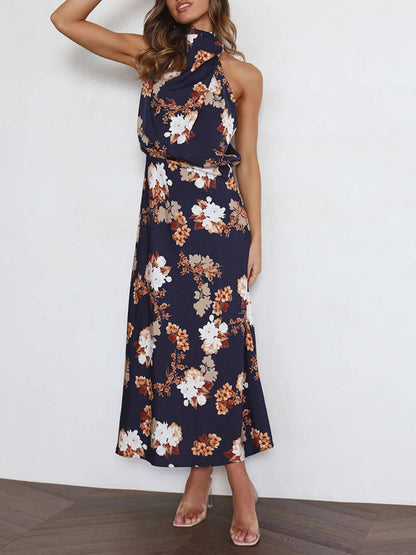 Robe longue dos nu à fleurs et taille élastique