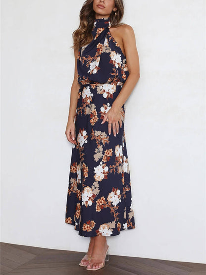 Robe longue dos nu à fleurs et taille élastique