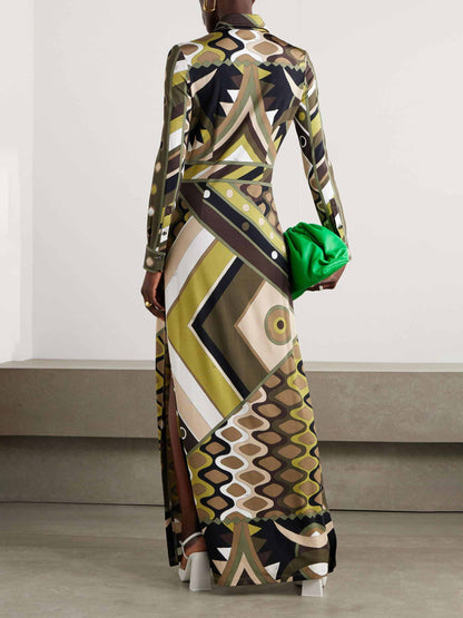 Robe maxi à manches longues imprimée abstraite style rétro
