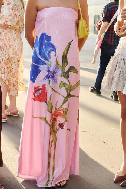 Robe longue trapèze à sequins et imprimé floral pour soirée spéciale