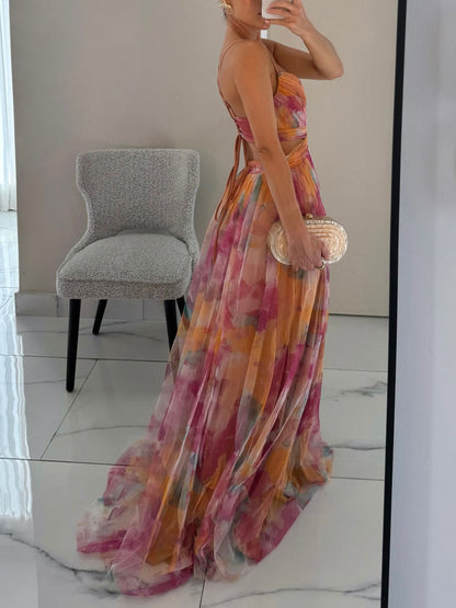 Robe longue élégante à imprimé floral peint et col en V, coupe trapèze