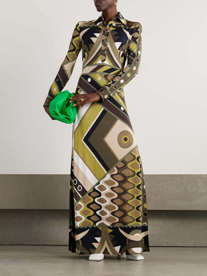 Robe maxi à manches longues imprimée abstraite style rétro