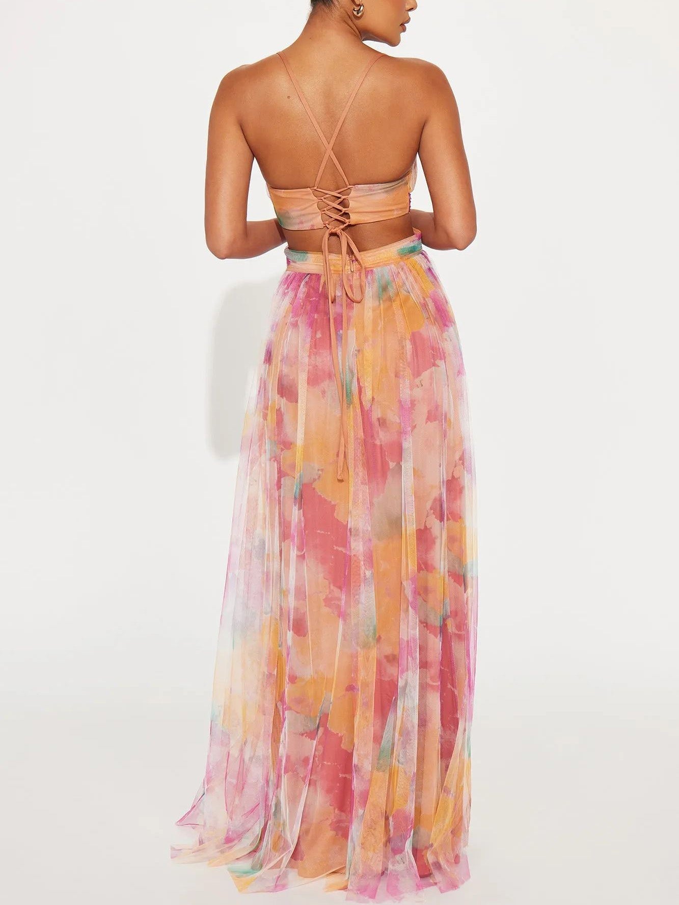 Robe longue élégante à imprimé floral peint et col en V, coupe trapèze
