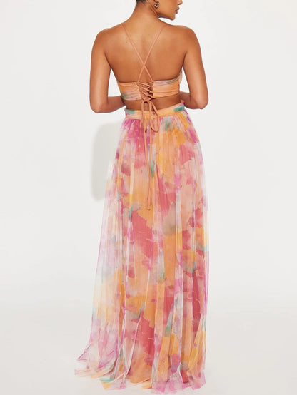 Robe longue élégante à imprimé floral peint et col en V, coupe trapèze