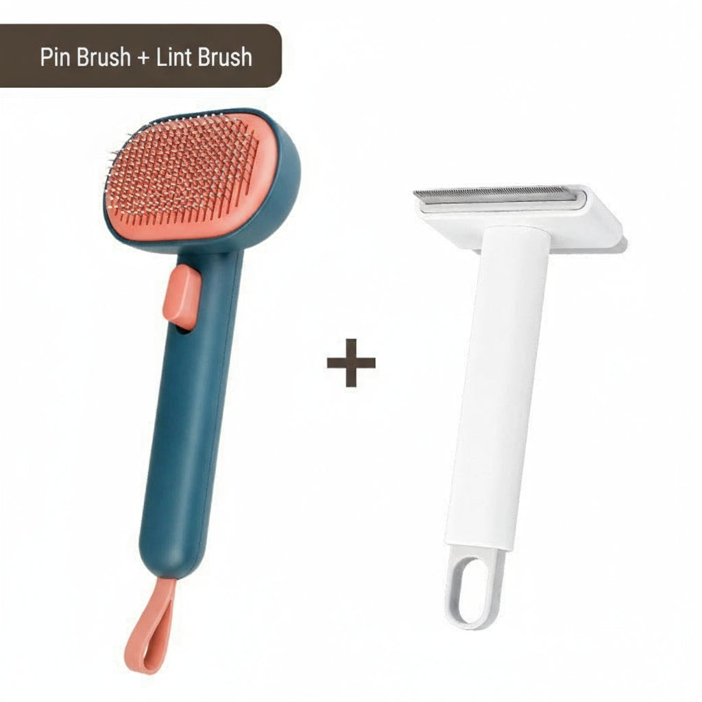 Two grooming tools, one with a blue handle and pink bristles, the other white with a silver blade, on a white background.