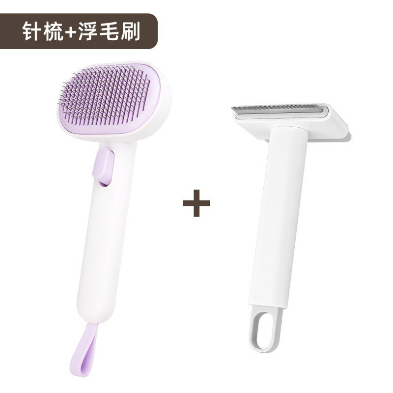 Two grooming tools, one purple and one white, on a white background with text above them.