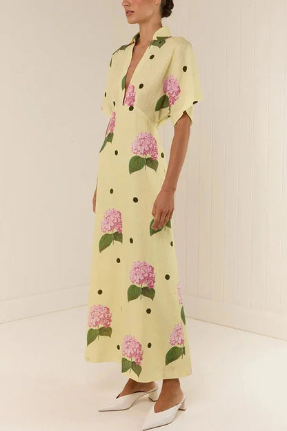 Robe chemise maxi à manches larges en lin mélangé Jasmine à pois fleuris