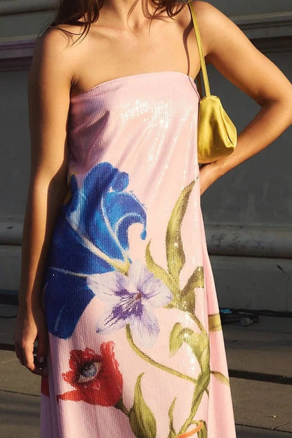 Robe longue trapèze à sequins et imprimé floral pour soirée spéciale