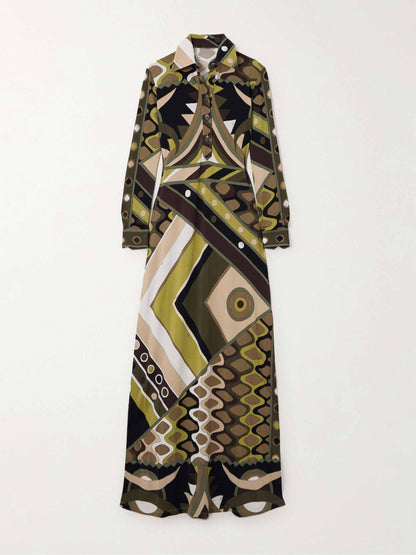 Robe maxi à manches longues imprimée abstraite style rétro